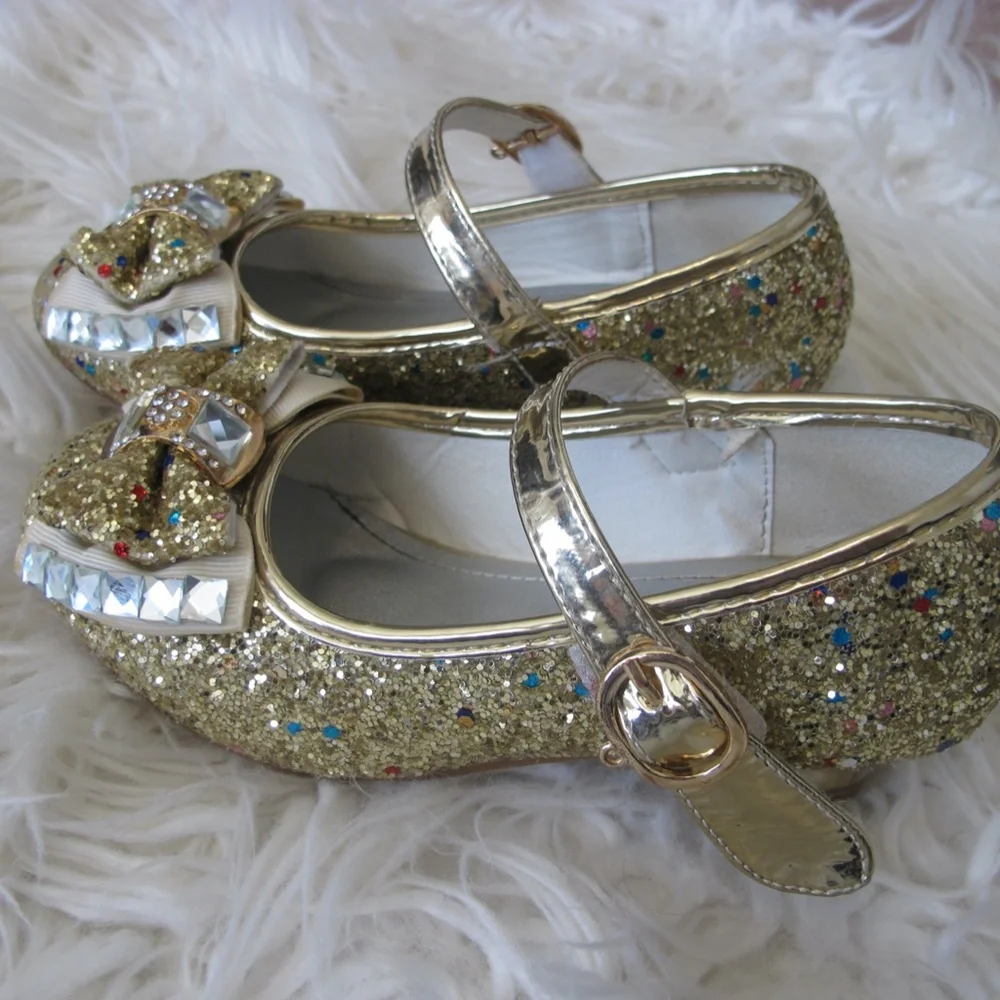 Girls Heels Party Mary Jane  Dance Pump Crystal Bow Knot Size 11.5 gold EUC - Picture 6 of 6